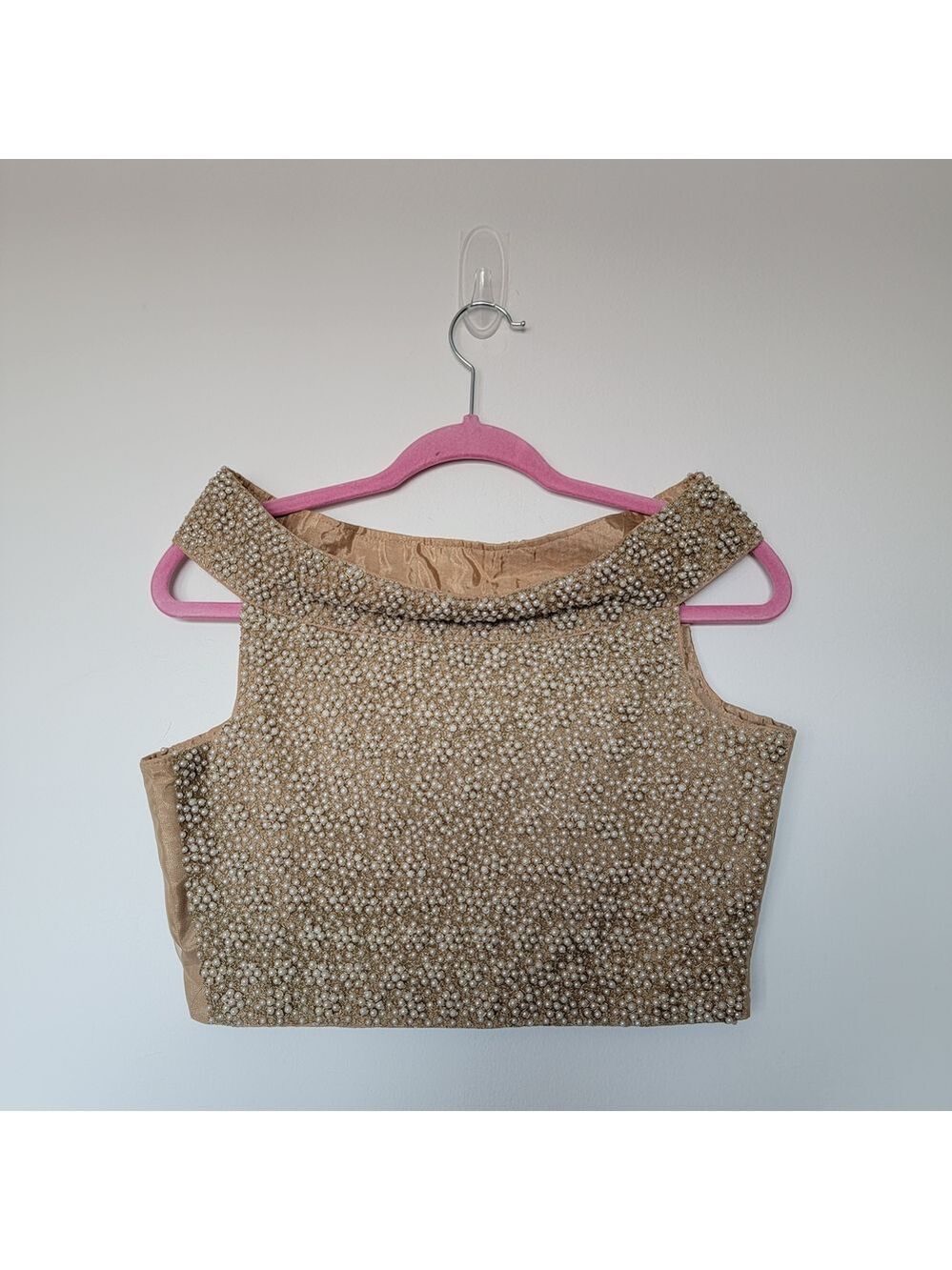 Festival Season Pearls Beaded Tan Women's Crop Top - Picture 7 of 8